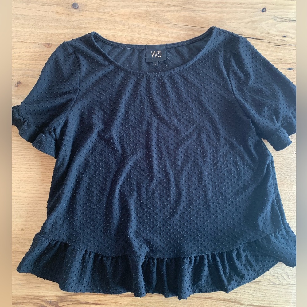 W5 Dotted Swiss Ruffle Top  Black Women’s L Preowned‎